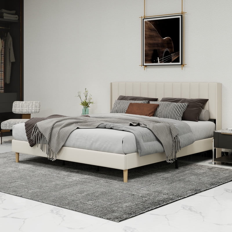 Pillfn Upholstered Platform King Size Bed Frame with Headboard Wooden Slats Support,Beige