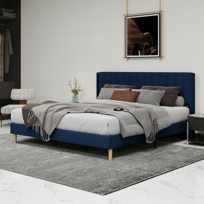 Pillfn Upholstered Platform King Size Bed Frame with Headboard Wooden Slats Support,Blue