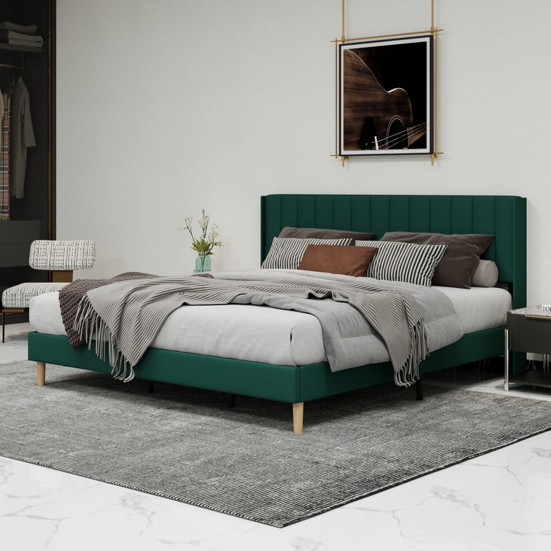 Pillfn Upholstered Platform King Size Bed Frame with Headboard Wooden Slats Support,Green