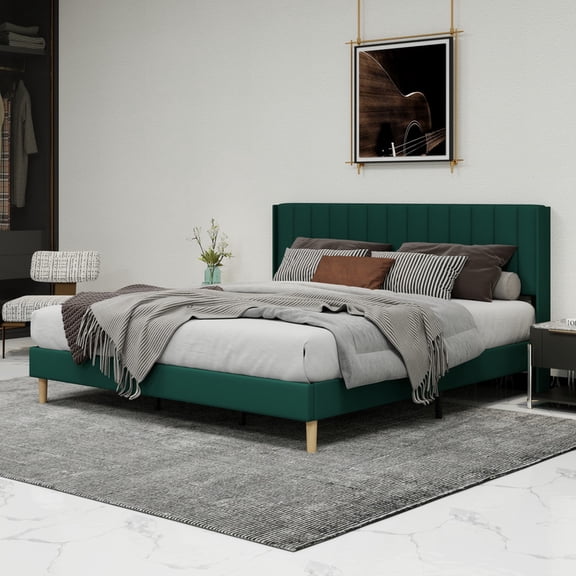 Pillfn Upholstered Platform King Size Bed Frame with Headboard Wooden Slats Support,Green
