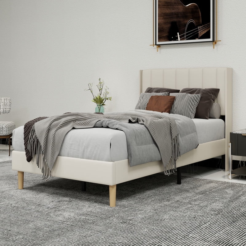 Pillfn Upholstered Platform Twin Size Bed Frame with Headboard Wooden Slats Support,Beige