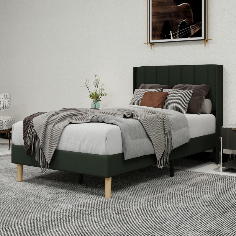 Pillfn Upholstered Platform Twin Size Bed Frame with Headboard Wooden Slats Support,Black