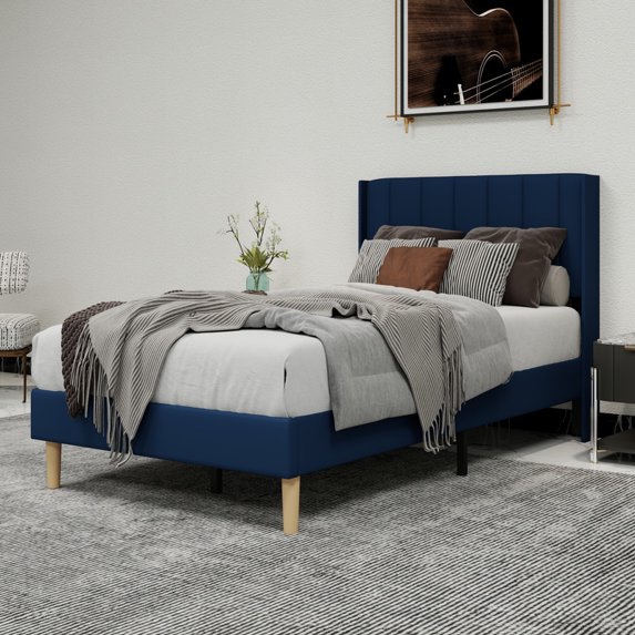 Pillfn Upholstered Platform Twin Size Bed Frame with Headboard Wooden Slats Support,Blue