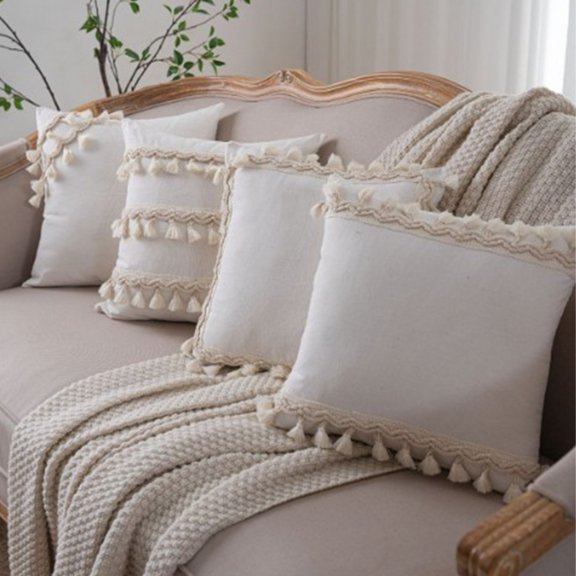 Pillow Case Cover | Beige Polyester Cushion Cover with Tassels | 17.7x17.7in | Modern Fringe Design for Sofa, Chair, Couch, Car, Living Room Decor | Zipper Closure | 1 Pack