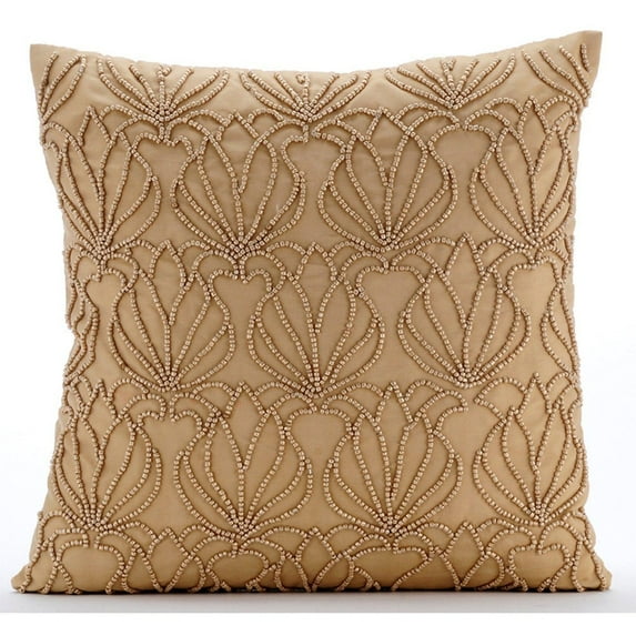 Pillow Case Covers, Gold Shams, Beaded Lotus Pattern Pillow Shams, 24x24 inch (60x60 cm) Pillow Shams, Square Taffeta Pillow Sham, Modern Pillow Shams, Floral Pattern - Gold Jardin