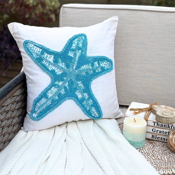 Pillow Case Covers With Zipper, White Toss Pillows 16x16 inch (40x40 cm), Linen Accent Pillow Covers, Sea Creatures, Starfish, Beaded, Beach Style - Starfish Island