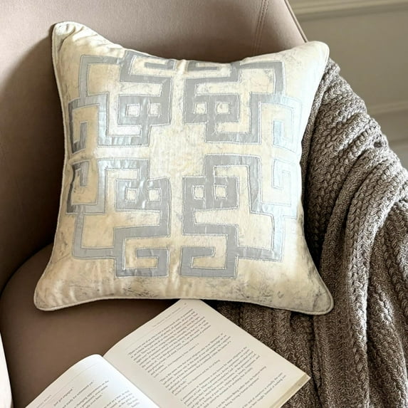 Pillow Case Custom, Decorative Ivory 14"x14" (35x35 cm) Cushion Cover, Velvet Greek & Applique & Foil Throw Pillow Cover For Sofa, Geometric Pattern, Modern Style - Greek Irene