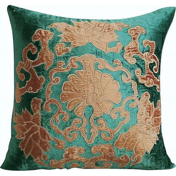 Pillow Case, Peacock Green Decorative Cushion Cover, 24x24 inch (60x60 cm) Velvet Pillow, Square Gold Velvet Applique Embroidery Pillow Cover, Green Pillow Cover - Flutter bye