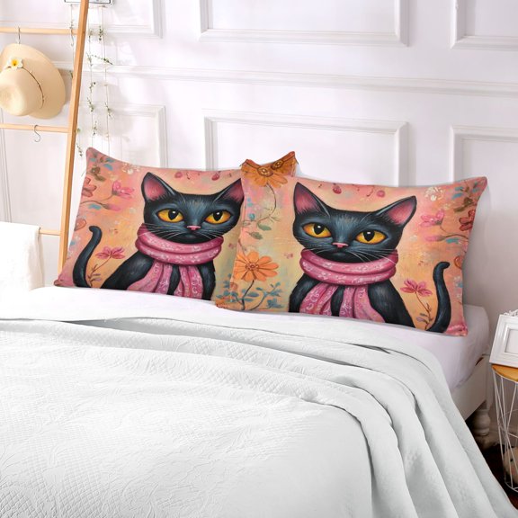 Pillow Case Plush Pillow Black Cat with Pink Scarf Case standard size/King size/Queen size Bed Pillow Pillowcases