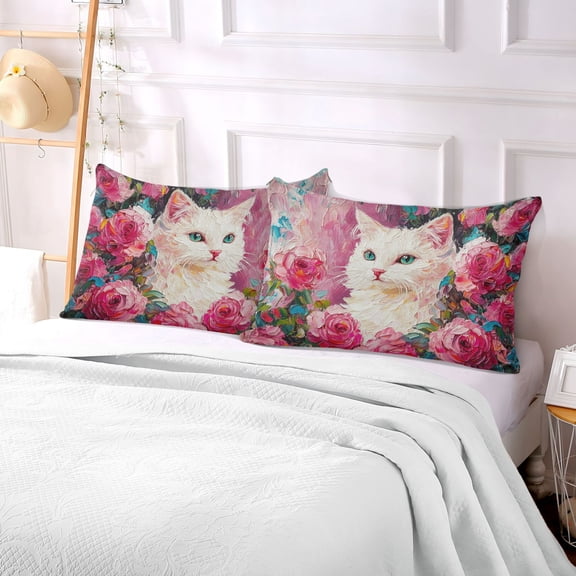 Pillow Case Plush Pillow Cat Surrounded by Rose Case standard size/King size/Queen size Bed Pillow Pillowcases