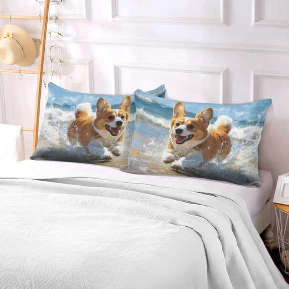 Pillow Case Plush Pillow Corgi Running on Beach Case standard size/King size/Queen size Bed Pillow Pillowcases