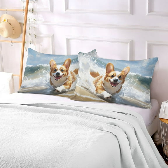 Pillow Case Plush Pillow Corgi on Beach Case standard size/King size/Queen size Bed Pillow Pillowcases