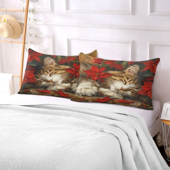 Pillow Case Plush Pillow Dreamy Tabby Nestled in Poinsettias Case standard size/King size/Queen size Bed Pillow Pillowcases