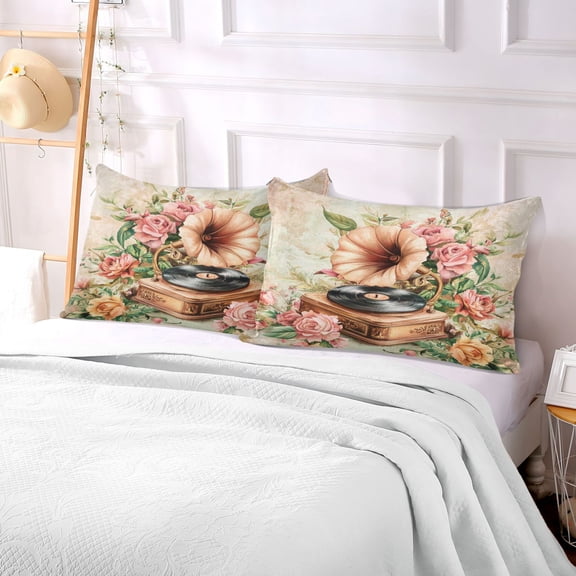 Pillow Case Plush Pillow Gramophone Surrounded by Roses Case standard size/King size/Queen size Bed Pillow Pillowcases