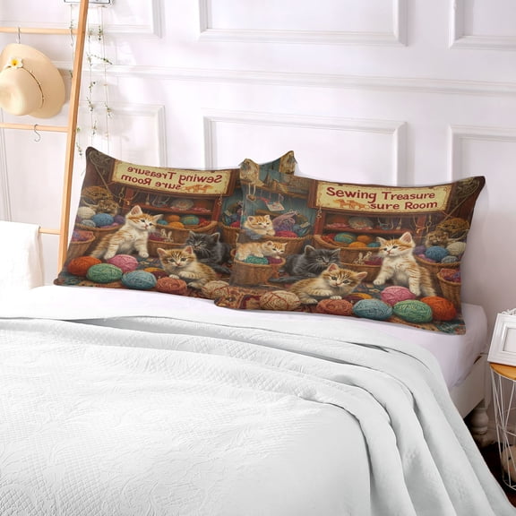 Pillow Case Plush Pillow Kittens Playing with Colorful Yarn Case standard size/King size/Queen size Bed Pillow Pillowcases