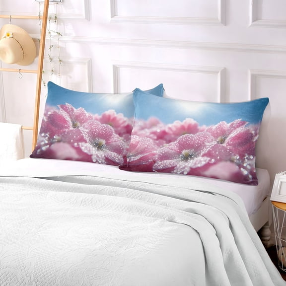 Pillow Case Plush Pillow Pink Flowers with Dewdrops Case standard size/King size/Queen size Bed Pillow Pillowcases
