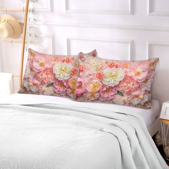 Pillow Case Plush Pillow Pink and White Flowers Glitter Case standard size/King size/Queen size Bed Pillow Pillowcases