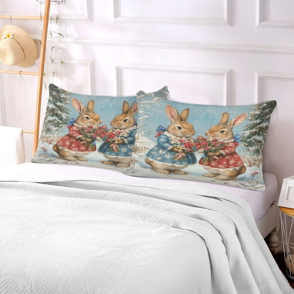Pillow Case Plush Pillow Rabbit Holding Bouquets Pattern Case standard size/King size/Queen size Bed Pillow Pillowcases