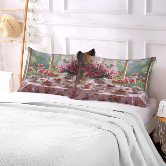 Pillow Case Plush Pillow Tea Set with Pink Roses Case standard size/King size/Queen size Bed Pillow Pillowcases