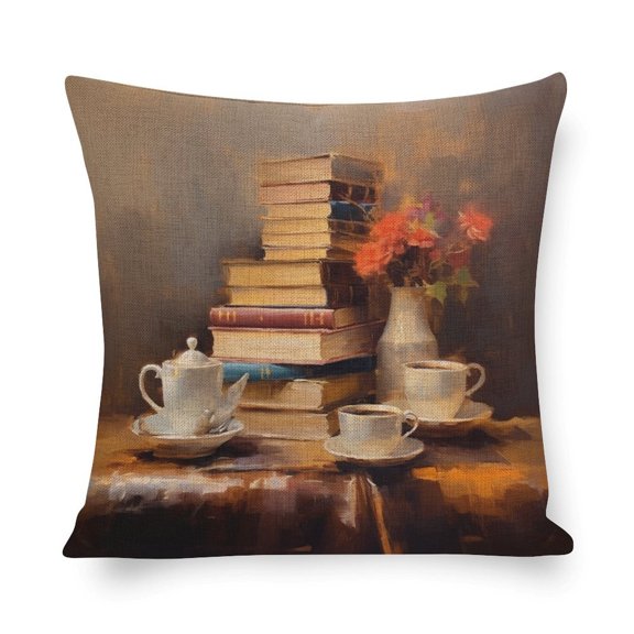 Pillow Case Protector Coffee And Books Oil Painting Pillows Cover 20"x20" Book Lovers Linen Cushion Case Couch Pillows for Iiving Room