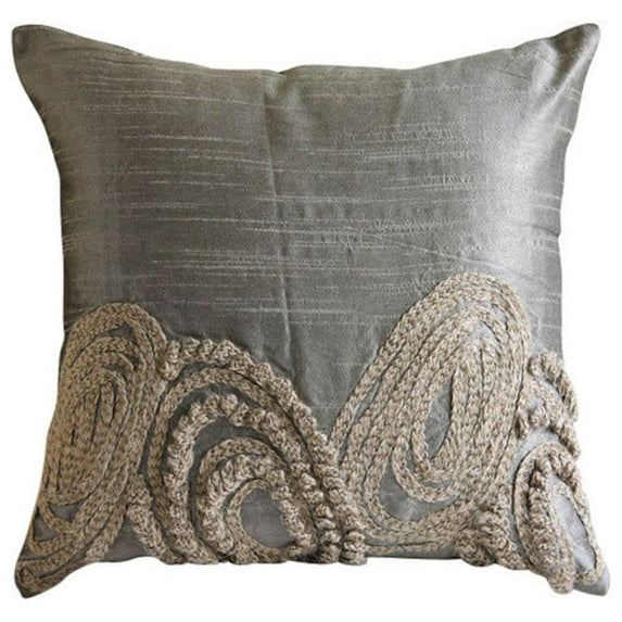Pillow Case, Silver Pillow case, Jute Swirls Pillow Cover, 14x14 inch (35x35 cm) Pillow Cover Decorative, Square Silk Throw Pillow Cover, Geometric Contemporary Throw - Silver Jute