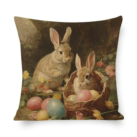 Pillow Case Vintage Easter Bunnies Eggs Modern Sofa Throw Pillow Cover Decorative Outdoor Linen Fabric Pillow Case Easter Decorations Soft Throw Pillows for Couch 16"x16" Decor for Sofa Couch