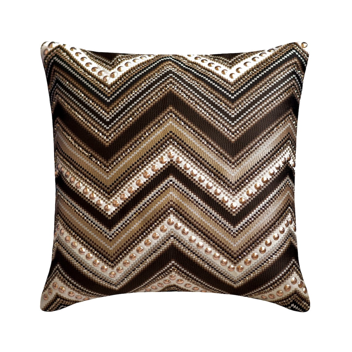 Pillow Case Zip, Brown 24"x24" (60x60 cm) Throw Pillow Covers, Jacquard Chevron, Beaded & Sequins Throw Pillows For Couch, Geometric Pattern Modern Style - Chevron Chic