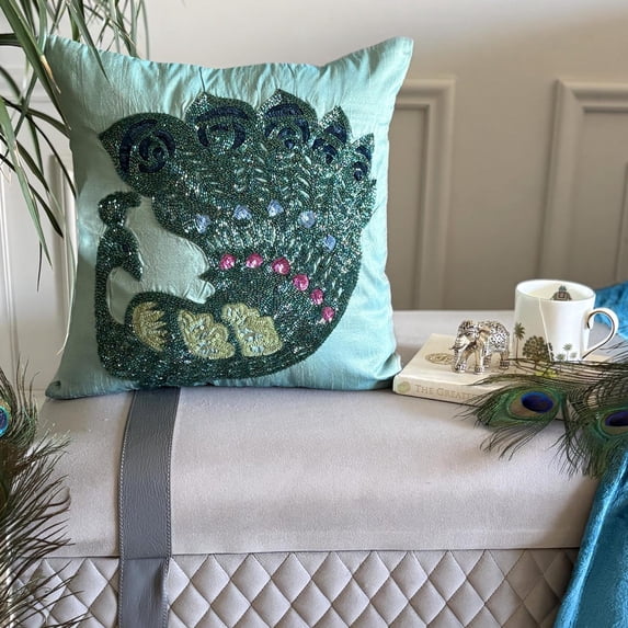 Pillow Case With Zipper, Blue Pillow Cover, Beaded Peacock Throw Pillow Cover, 14x14 inch (35x35 cm) Pillow Cover, Square Silk Pillow Cover, Floral, Traditional - Peacock Glam