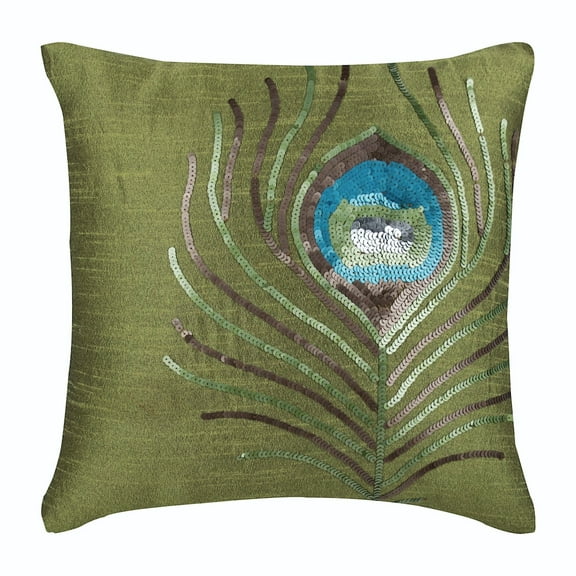 Pillow Case Zipper, Green Pillow Cover, Peacock Feather Sequins Beaded Pillow Cover, Pillow Cover 14x14 inch (35x35 cm), Square Silk Pillowcase, Floral - Green Peacock Feather