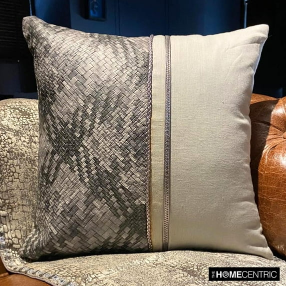 Pillow Case Zipper, Grey Euro Shams, 24x24 inch (60x60 cm) Linen & Faux Leather Pillowcase With Zipper, Pillow Covers with Patchwork Patterned, Modern Style Pillow - Grey Half Tone