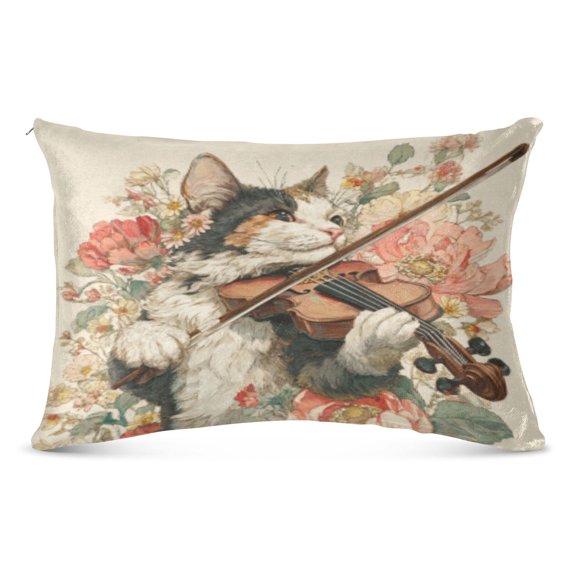 Pillow CaseKitten Violinist Among Flowers Pattern Whimsy Case standard size/King size/Queen Size