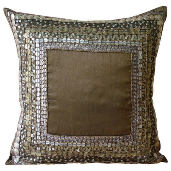 Pillow Cases, Brown Shams, 3D Sequins Bordered Pillow Sham, 24x24 inch (60x60 cm) Pillow Shams, Square Silk Pillow Sham, Pillow Shams, Traditional Style - Ethnic Origins