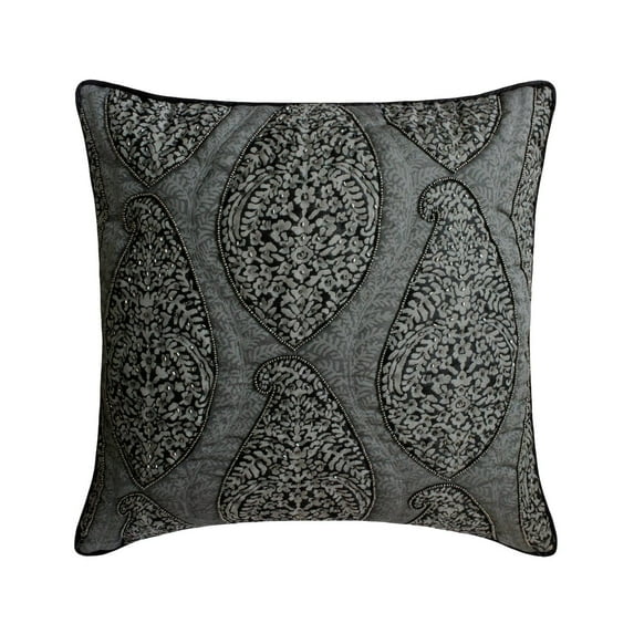 Pillow Cases, Decorative Grey 12"x12" (30x30 cm) Throw Pillow Covers, Silk Quilted, Beaded Throw Pillows For Sofa, Paisley Pattern Contemporary Style - Paisley Glance