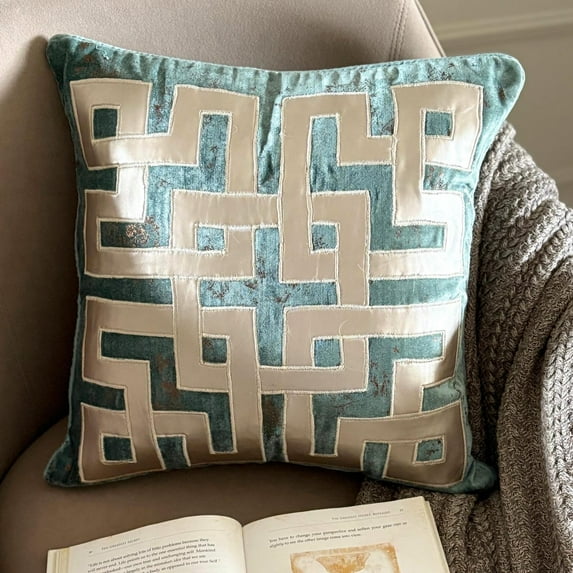 Pillow Cases, Decorative Teal & Light Beige 12"x12" (30x30 cm) Pillow Covers, Velvet Greek & Applique & Foil Throw Pillow Covers, Geometric Pattern, Modern Style - Greek Maze