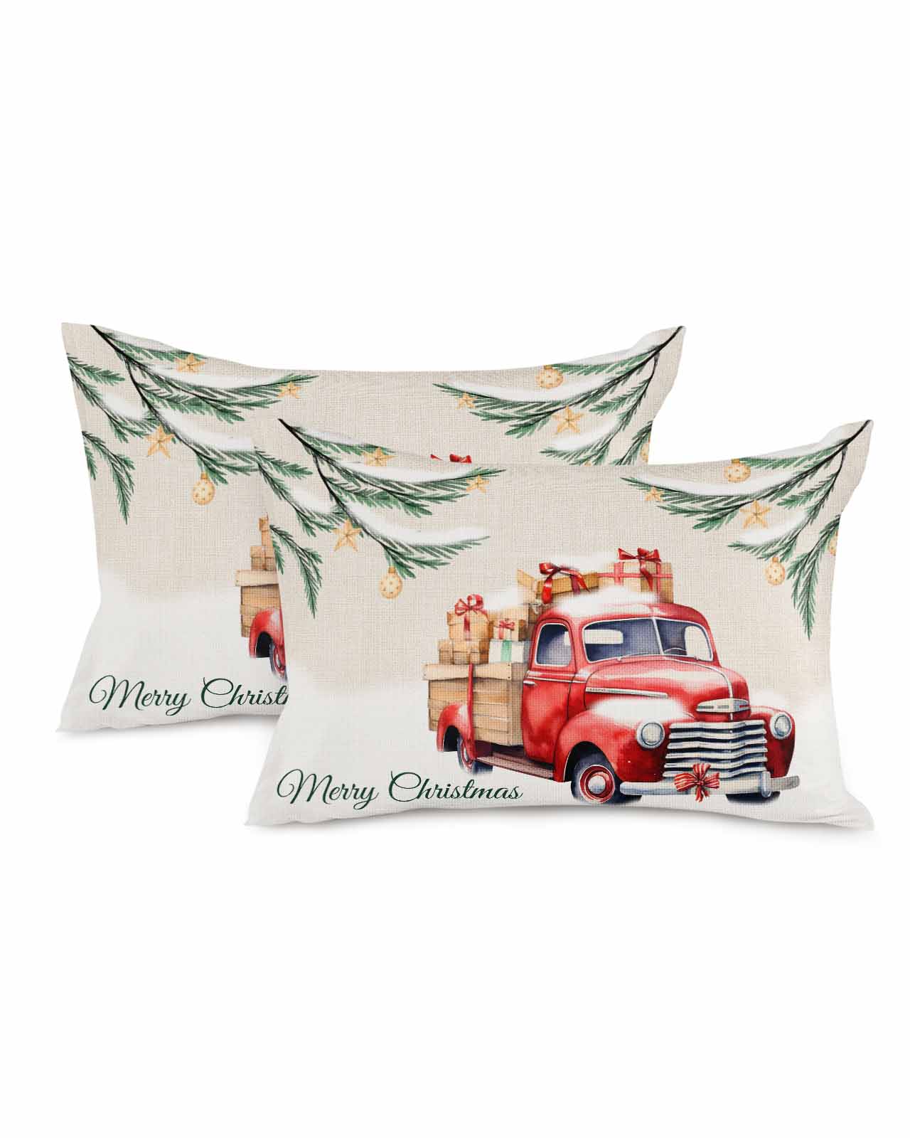 Pillow Cases Linen Pillow Shams Christmas Red Truck Snow Pine Branches