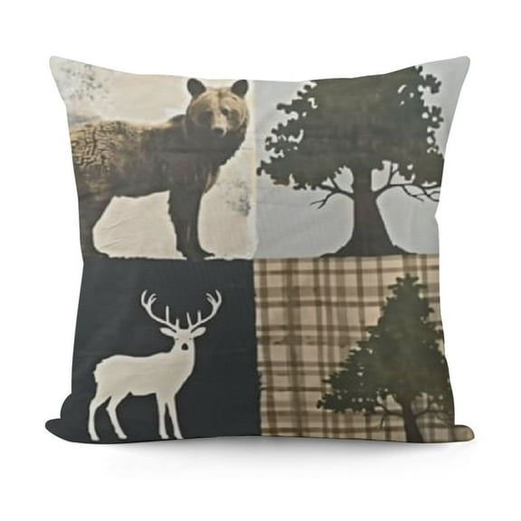 Pillow Cases, Rustic Patchwork with Woodland Wildlife Bear Moose Elk Pine Trees Pattern Printed, Soft Microfiber Pillowcases (Standard