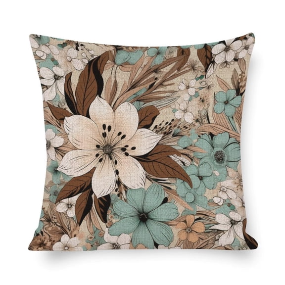 Pillow Cases Standard Size Brown Cream Grey Teal Floral Pillowcase 18"x18" Watercolor Brown Grey Floral Linen Pillow Cover Home Decoration for Sofa Couch Living Bed Room