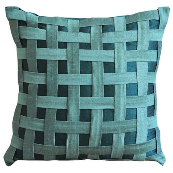 Pillow Cases, Teal Blue Pillow Shams, Textured Basket Weave Pillow Shams, 24x24 inch (60x60 cm) Pillow Sham, Square Silk Shams, Contemporary Pillow - Peacock Green N Teal Basket Weave