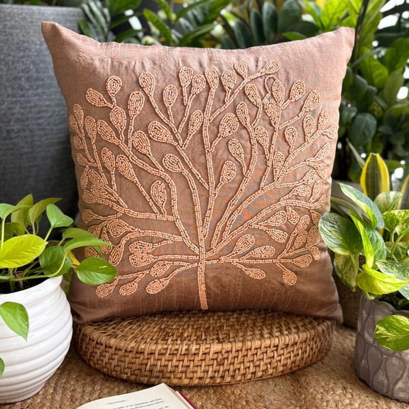 Pillow Cover 20x20 Orange, Luxury Dark Peach Pillows Cover, Beaded Tree Pillowcases, 20x20 inch (50x50 cm) Pillow Cover, Floral Contemporary Pillow Cases, Square Silk - My Wish Tree