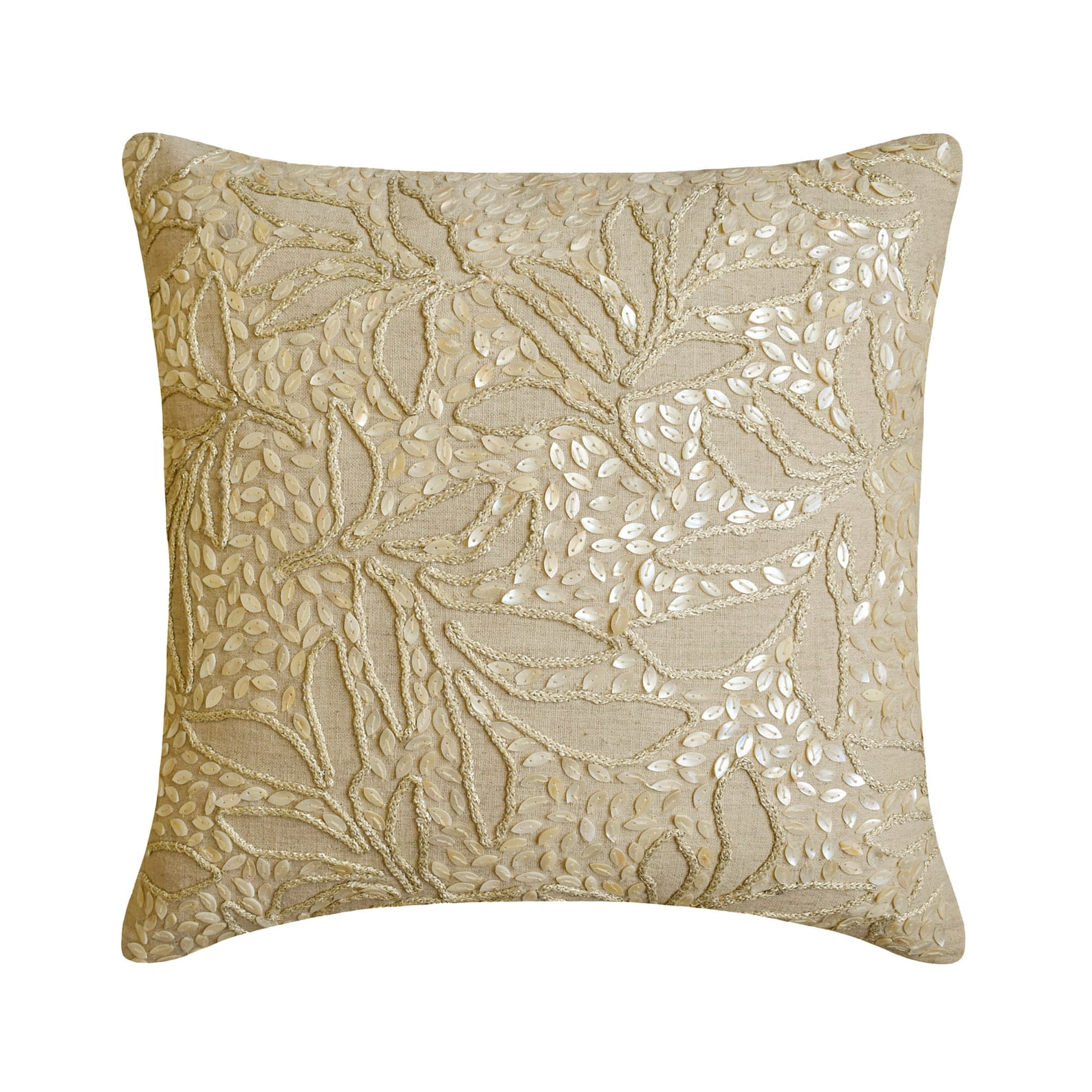 Pillow Cover, 22x22 inch (55x55 cm) Pillow Cover, Ecru Accent Pillow, Mother Of Pearls Jute Leaf Tropical Theme Pillow Cover, Cotton Linen Throw Pillow Cover, Floral - Pearl Divine