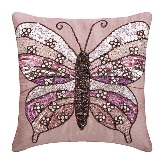Pillow Cover, 22x22 inch (55x55 cm) Pillow Cover, Pink Pillow Cover, Sequins & Beaded Butterfly Pillow Cover, Art Silk Square Pillow Cases, Floral Modern, Birds - Butterfly Love