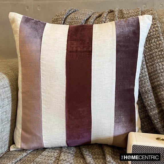 Pillow Cover, Berry 22"x22" (55x55 cm) Throw Pillows, Velvet Patchwork Throw Pillows For Couch, Striped Pattern Modern Style - Velvet Band Berry