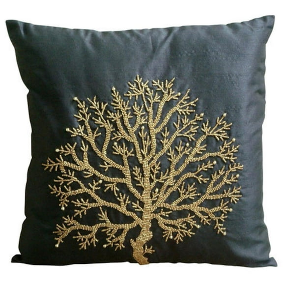 Pillow Cover, Black Pillow Covers 20x20 inch (50x50 cm), Designer Black Pillow Covers, Beaded Tree Pillow Cover, 20x20 inch (50x50 cm) Throw Pillow Cover, Floral - Celebrated Tree