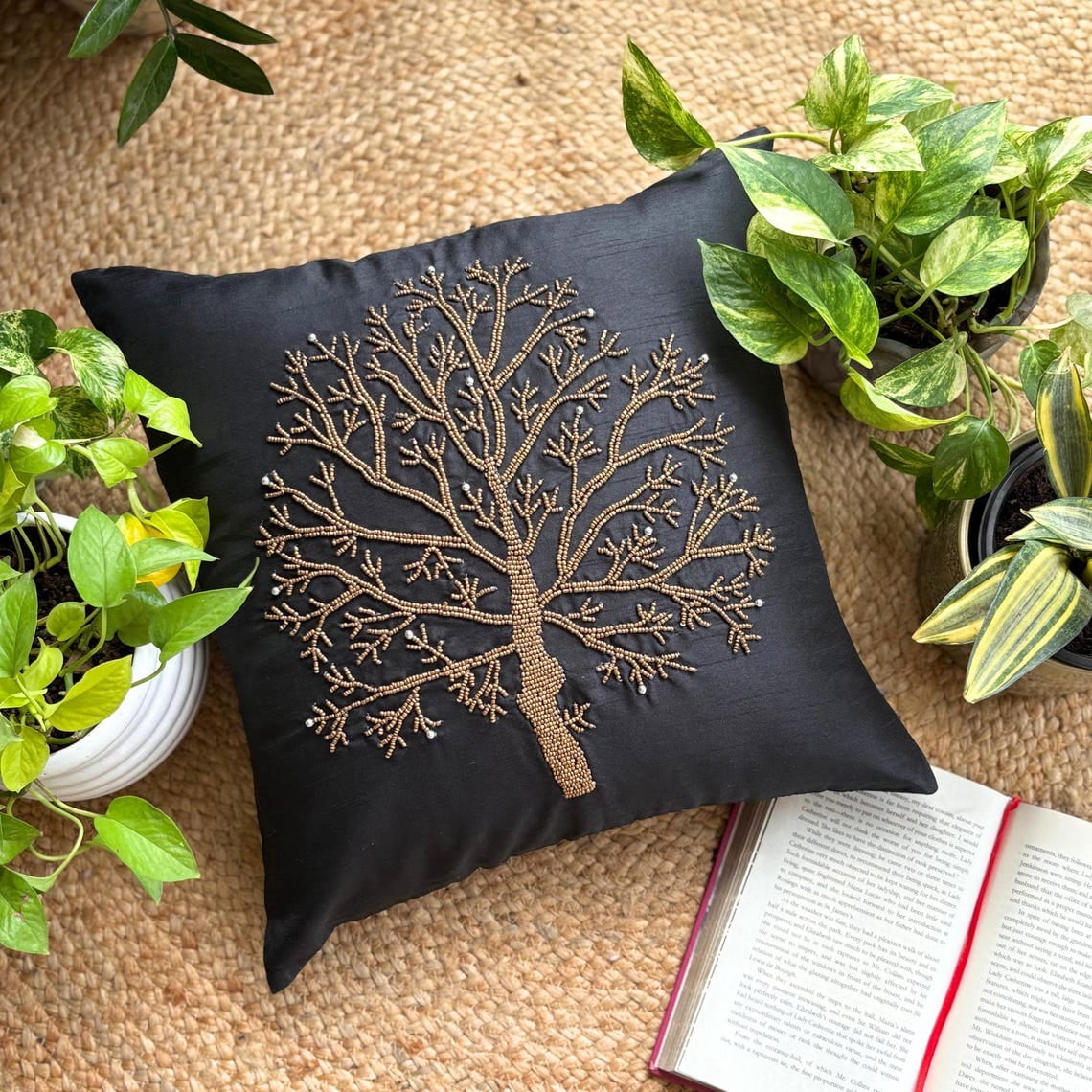 Pillow Cover, Black Pillow Covers 20x20 inch (50x50 cm), Designer Black Pillow Covers, Beaded Tree Pillow Cover, 20x20 inch (50x50 cm) Throw Pillow Cover, Floral - Celebrated Tree