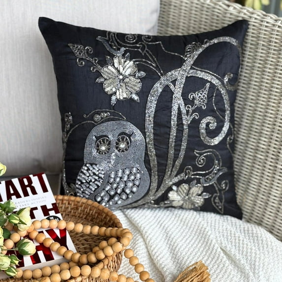 Pillow Cover, Black Throw Pillow Covers, Beaded Owl Pillows Cover, 14x14 inch (35x35 cm) Throw Pillow Covers, Square Silk Pillowcase, Floral Pillow Covers, Modern, Birds - Night Owls