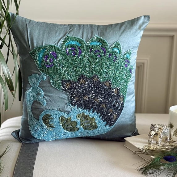 Pillow Cover, Blue Pillow case, Multicolor Beaded Peacock Pillow Cover, 18x18 inch (45x45 cm) Throw Pillow Cover, Square Silk Throw Pillow Cover, Floral, Traditional - Dancing Peacock