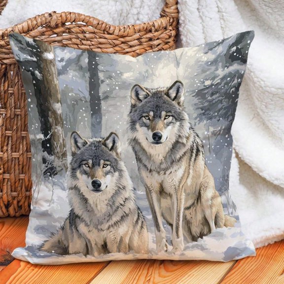 [Pillow Cover]Cozy Wolf Pillow Cover - Realistic Artistic Print Of Two Wolves In Snowy Forest, Grey B