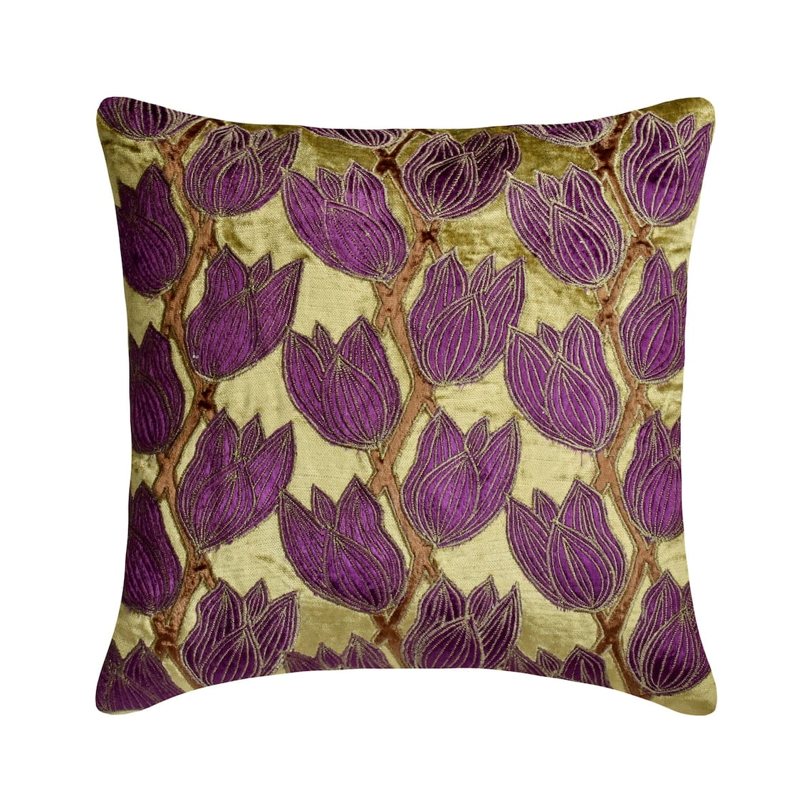 Pillow Cover, Decorative Green & Purple 22"x22" (55x55 cm) Cushion Covers, Velvet Tulip & Applique Throw Pillows For Couch, Floral Pattern Modern Style - Tulip Around