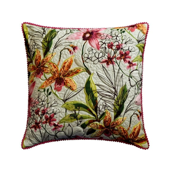 Pillow Cover, Multicolor & Pink 16"x16" (40x40 cm) Throw Pillow Covers, Cotton Floral Printed Quilted Throw Pillows For Couch, Nature & Floral Pattern Contemporary - Tiger Lily