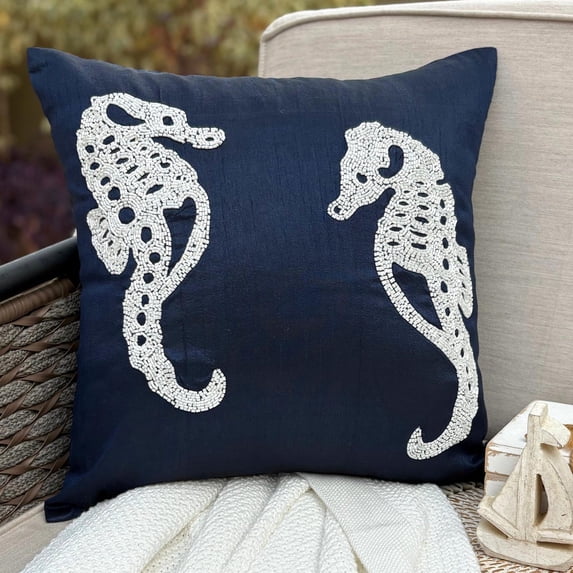 Pillow Cover, Navy Blue Throw Pillow Covers 16x16 inch (40x40 cm), Silk Throw Pillows Couch, Sea Creatures, Sea Horse, Beaded, Beach Style Pillowcase - Navy Blue Sea Horse